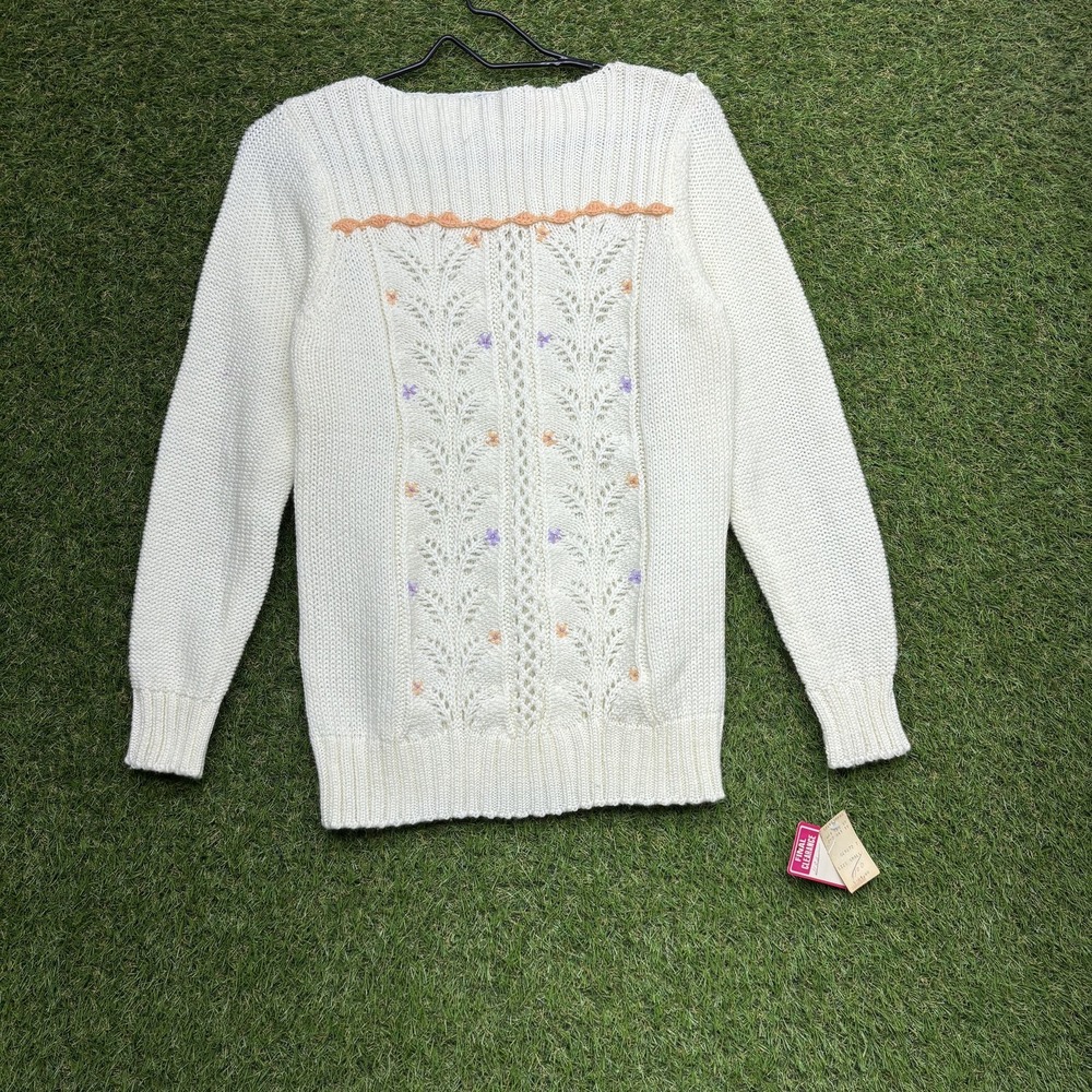 Vintage Glamour Knit Sweater Womens Small White Floral Embroidered Pullover 80s